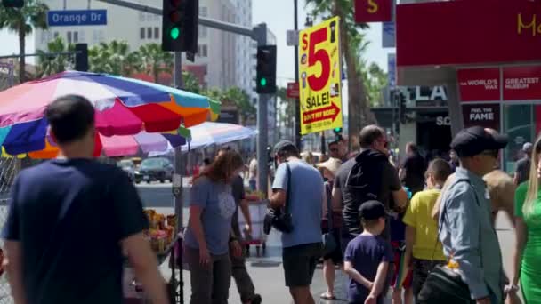 Tourists Pass Vendors Signs Hollywood Walk Fame — Stock Video