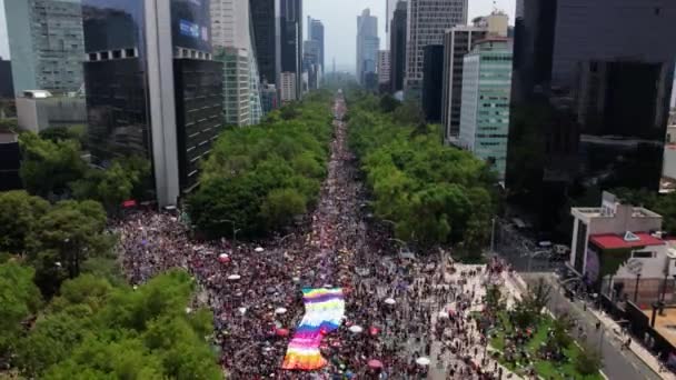Hiperlapszis Drónfelvétel Emberekről Meleg Büszkeség Parádén Reforma Avenue Mexikóvárosban — Stock videók