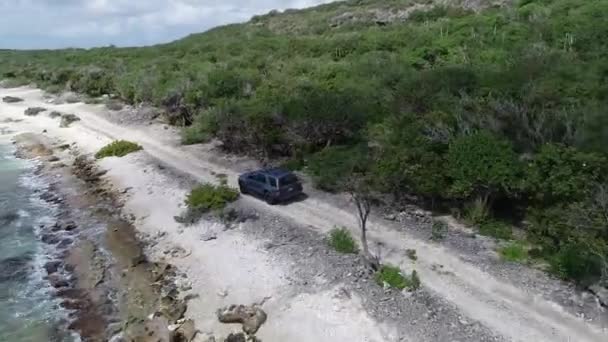 Road Car Rocky Coral Coastline Waves Crashing Greenery Cacti — Stock Video