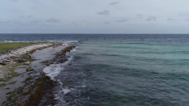 Drone Flying Coral Rocky Coastline Waves Crashing — Stock Video