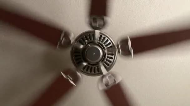 Brown Ceiling Fan Spinning Living Room Low Camera Angle Looking — 비디오