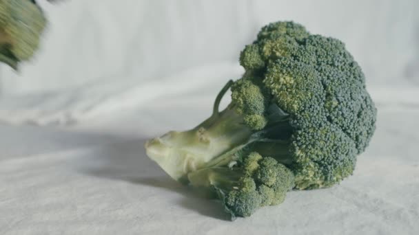 Broccoli Ready Cook Gourmet Recipe Broccoli Resting White Tablecloth Hand — Stock Video