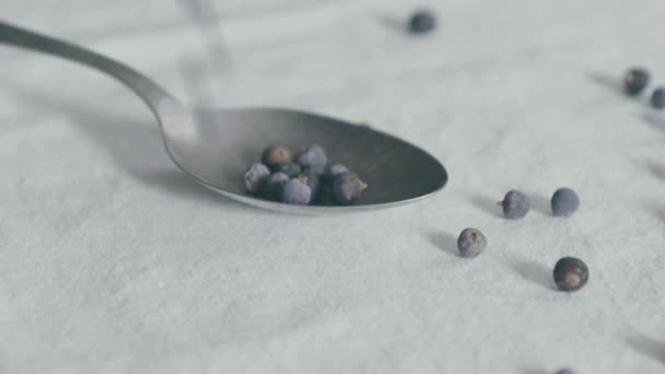 Silberlöffel Auf Eine Weiße Tischdecke Gelegt Blaue Wacholderbeeren Werden Zeitlupe — Stockvideo