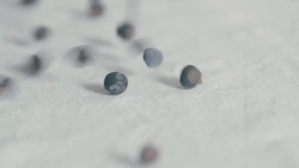 Juniper Berries Bounce White Tablecloth Slow Motion — Stock Video