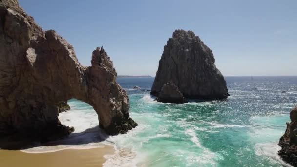 Clear Turquoise Water Aerial Drone Shot Perforated Sea Cliffs Cabo — Stock Video