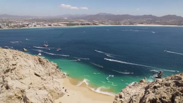 Aerial Drone Wide Shot Dozens Boats Sailing Waters Cabo San — Stock Video