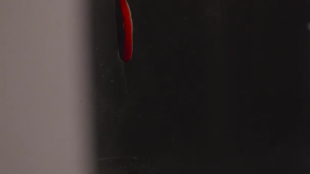 Διαφανές Γυάλινο Τοίχο Φρέσκο Κόκκινο Αίμα Ρέει Προς Κάτω Μακροεντολή — Αρχείο Βίντεο