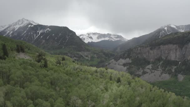 Área Forestal Las Montañas Rocosas Con Picos Nevados Que Conducen — Vídeos de Stock