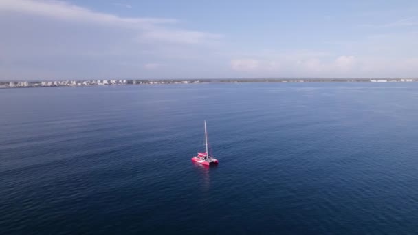 Antenne Rotes Katamaran Segelboot Vor Der Französischen Küste — Stockvideo