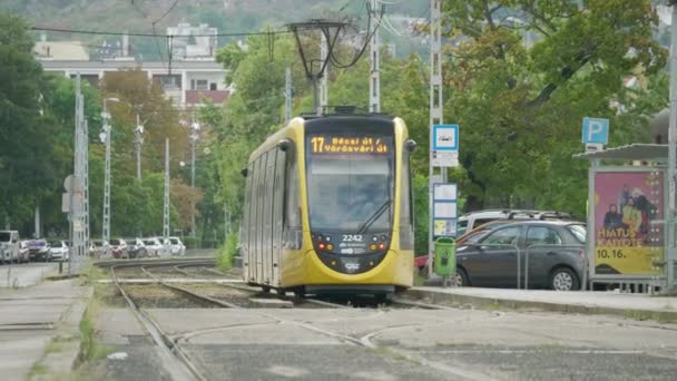 Calm Telephoto Footage Yellow Tram Accelerating Budapest Car Crossing Rails — Stock Video