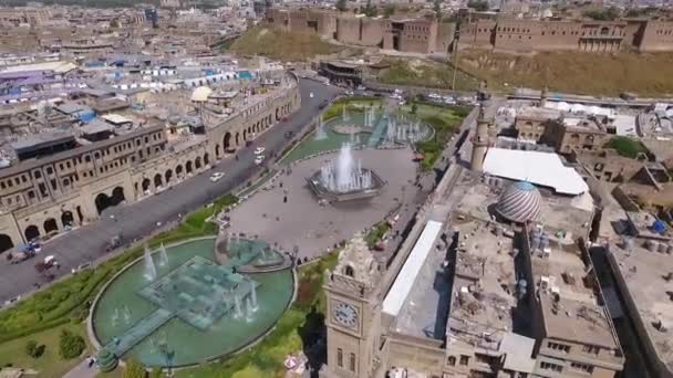 Flygbild Staden Erbil Visar Den Antika Erbil Citadel Och Trädgården — Stockvideo