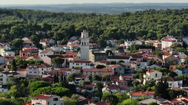 Vista Aérea Alrededor Torre Del Reloj Del Pueblo Premantura Croacia — Vídeo de stock