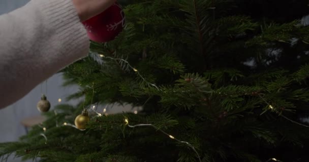 女人的手把装饰红球放在圣诞树上 Gimbal — 图库视频影像