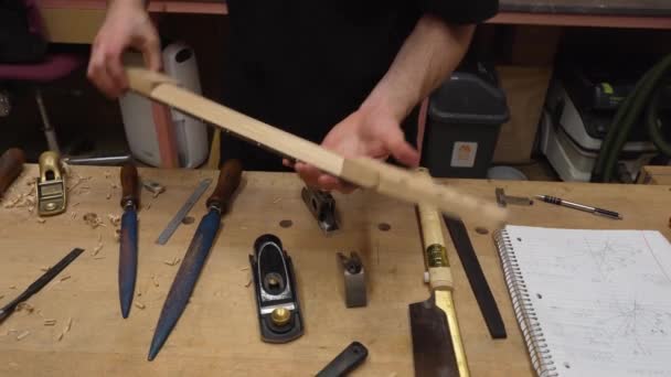 Mãos Luthier Segurando Pescoço Das Guitarras Homem Verificando Qualidade Trabalho — Vídeo de Stock