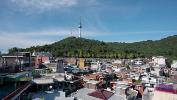 Luchtfoto Van Yongsan Haebangchon Dorp Daken Seoel Tower Namsan Berg — Stockvideo