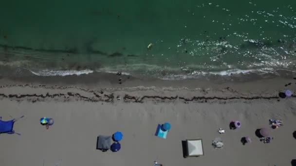 Ludzie Plaży Poniżej Zestrzelonego Drona Patrzącego Wprost Dół Falami Czystego — Wideo stockowe