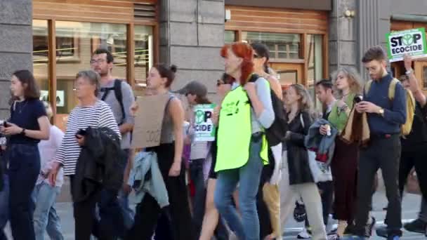 Demonstranten Marcheren Met Stop Ecocide Borden Zweedse Milieu Rally — Stockvideo