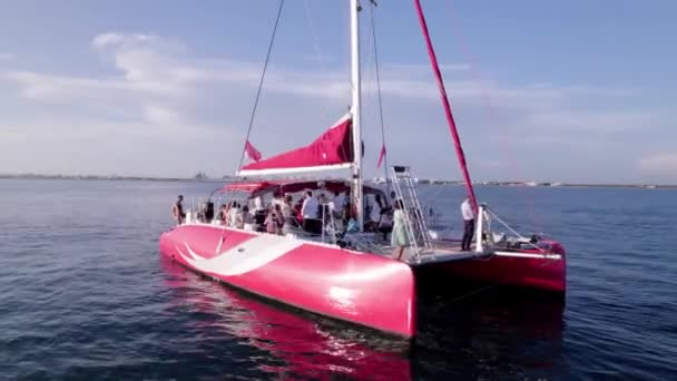 Flygfoto Röd Katamaran Segelbåt Med Grupp Människor Frankrike — Stockvideo