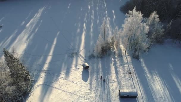 Tiro Aéreo Cima Para Baixo Paisagem Inverno Nevado Com Iluminação — Vídeo de Stock