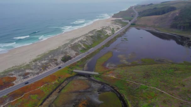 Veduta Aerea Drone Auto Che Guidano Nebbia Sulla Pacific Coast — Video Stock