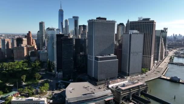 Uma Vista Aérea Baixa Manhattan Sobre New York Harbor Dia — Vídeo de Stock