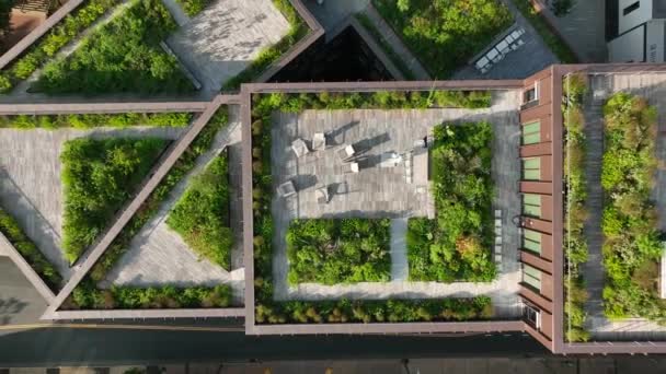 Stijgend Vanuit Lucht Buiten Leefruimte Groene Daktuin Stedelijke Stad Koolstofemissies — Stockvideo