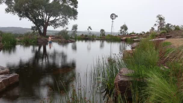 Ein Mann Schwimmt Seinem Staudamm Während Australien Regnet — Stockvideo