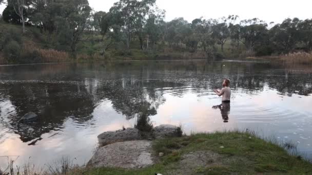 Jengibre Barbudo Nadar Agua Fría Madrugada Del Invierno Melbourne Australia — Vídeo de stock