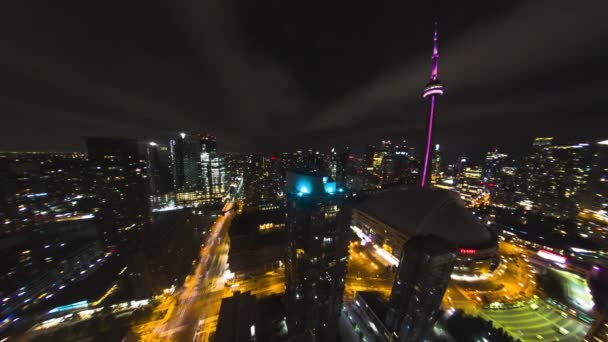 Belysta Byggnader Och Ikoniska Landmärken Centrala Toronto Natten Flygtid Förfaller — Stockvideo