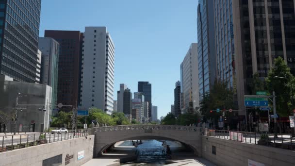 Cheonggyecheon Stream Park Γέφυρα Και Θέα Των Κτιρίων High Glass — Αρχείο Βίντεο