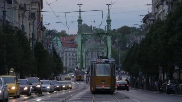 Hora Pôr Sol Noite Caducidade Ponte Liberdade Telefoto Tráfego Eléctrico — Vídeo de Stock