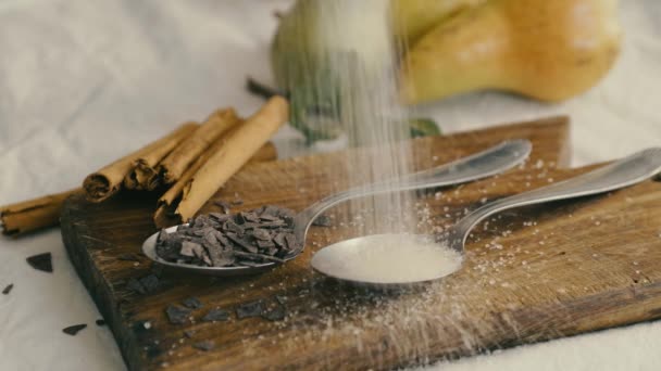 Still Life Silver Spoon Filled Falling Sugar Slow Motion Next — Stock Video