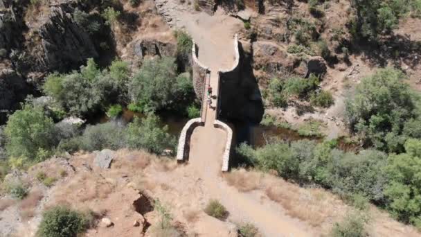 Pájaros Vista Arriba Como Personas Cruzando Viejo Puente Pie Ladrillo — Vídeos de Stock