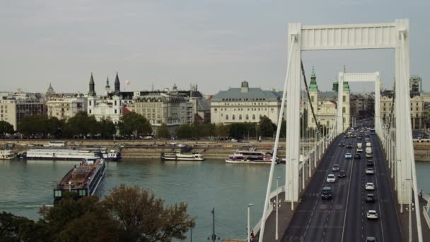 Статичний Постріл Моста Єлизавети Час Туристичний Корабель Обертається Річці Дунай — стокове відео