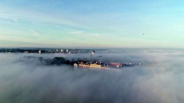 叶尔加瓦城堡在清晨的薄雾中 背景是城市和飞鸟 Drone View Latvia — 图库视频影像
