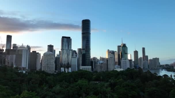 Filmagem Aérea Brisbane Cbd Cima Jardins Botânicos Rio Brisbane Olhando — Vídeo de Stock