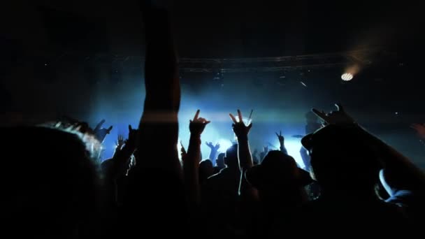 Siluete Mulțime Ridicându Mâinile Băuturile Timpul Unui Concert Timp Noapte — Videoclip de stoc