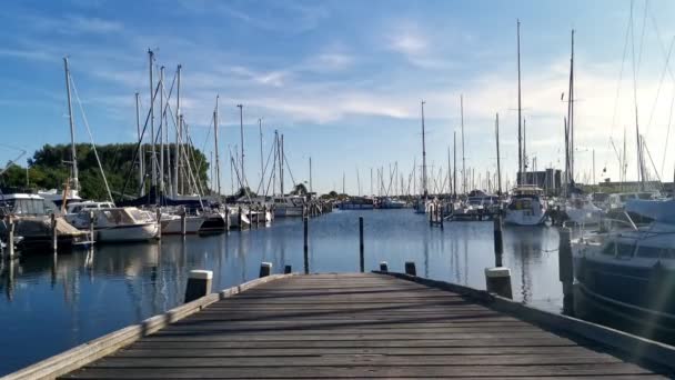 Evening Time Lapse Wooden Jetty Small Dutch Harbour Numerous Sail — Stock Video