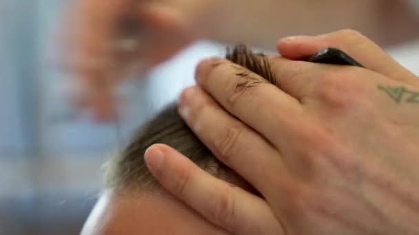 Barbeiro Profissionalmente Cortando Jovens Homens Cabelo Volta — Vídeo de Stock