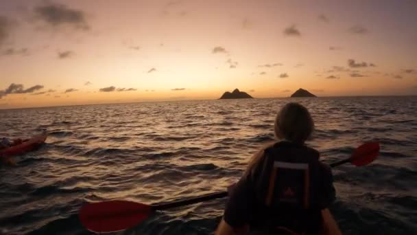Pareja Remando Kayaks Mar Hacia Horizonte Del Atardecer Cámara Lenta — Vídeo de stock