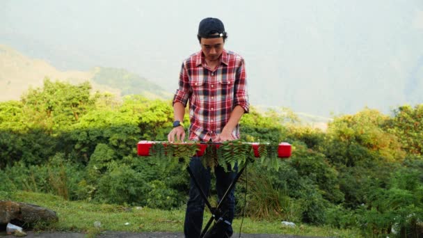 Metraje Fijo Hombre Tocando Teclado Musical Electrónico Bosque Cerca Las — Vídeos de Stock