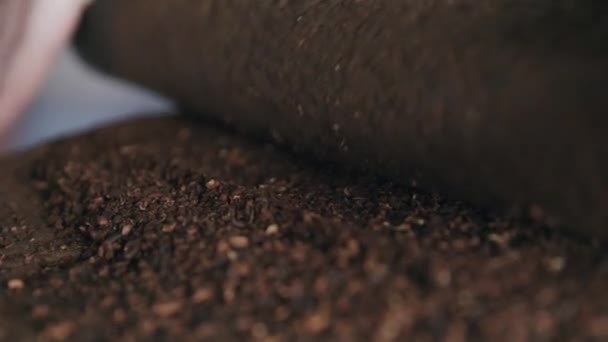 Super Makroaufnahmen Von Personen Die Kaffeebohnen Mit Einem Steinrollstift Staub — Stockvideo