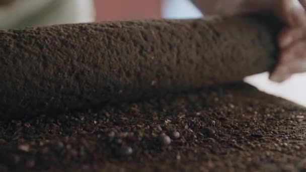 Zeitlupe Nahaufnahme Einer Person Beim Mahlen Von Kaffeebohnen Auf Einem — Stockvideo