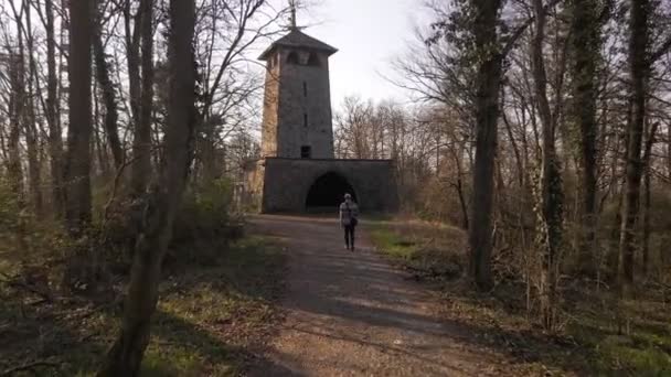 若い男が裸の冬の森の中を歩くと パスの終わりに古いレンガ造りの塔に向かって シネマティックフォローショット — ストック動画