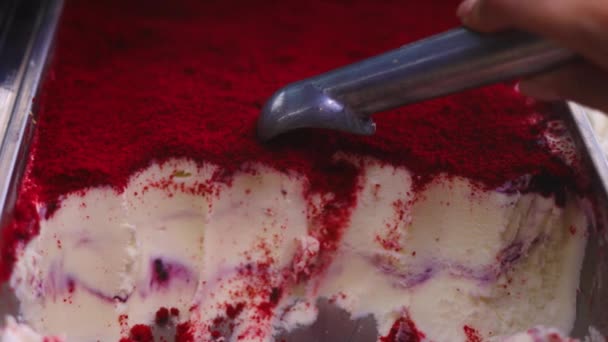 Slow Motion Closeup Female Hand Scooping Red Velvet Berry Gelato — Stock Video
