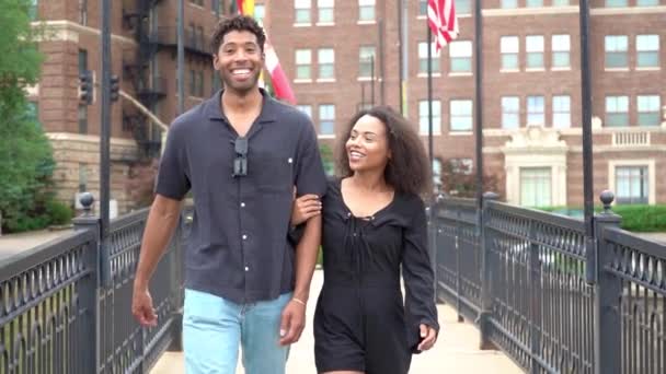 Couple Walk Bridge Together While Holding Each Others Hands — Stock Video