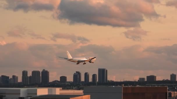 トロント ピアソン国際空港の滑走路に到着し着陸する空力貨物機サンセットで トラッキングショット — ストック動画