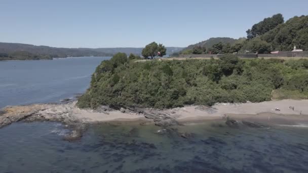 Luftaufnahme Einer Chilenischen Flagge Auf Der Insel Mancera Mit Bäumen — Stockvideo