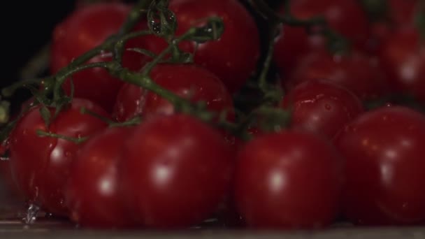 Rinçage Bouquet Tomates Rouges Mûres Sur Leurs Tiges Vertes Plan — Video