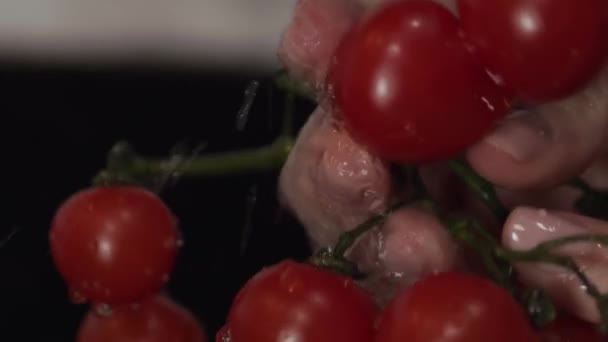 Tangan Perlahan Lahan Dan Hati Hati Membilas Tomat Ceri Matang — Stok Video